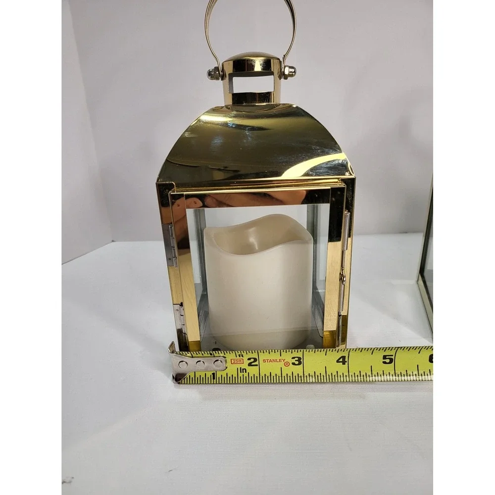 Gold Metal Lanterns with LED Candles Pair Decorative Wedding Decor 7.5in